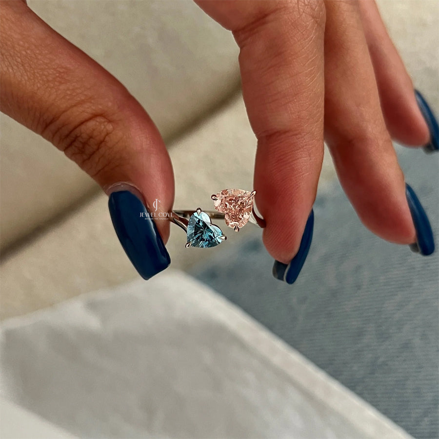 Fancy Vivid Pink and Blue Heart Toi-et-Moi Moissanite diamond Ring | GRA Certificate