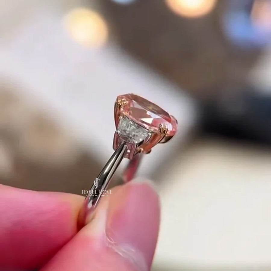 Oval Fancy Pink 3.00tcw Moissanite Diamond Two Tone Three Stone Engagement Ring, VS Clarity