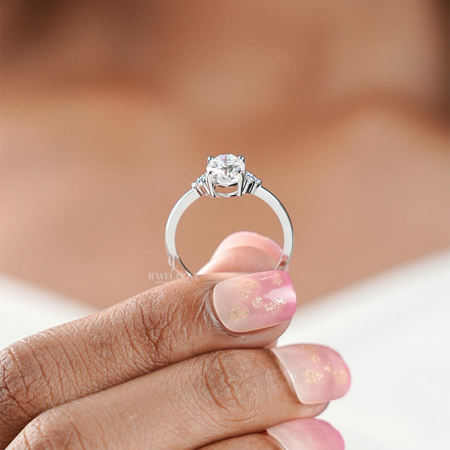 Oval Cut with Side Round Diamond Daily Wear Ring | Lab Grown Diamonds | IGI Certified