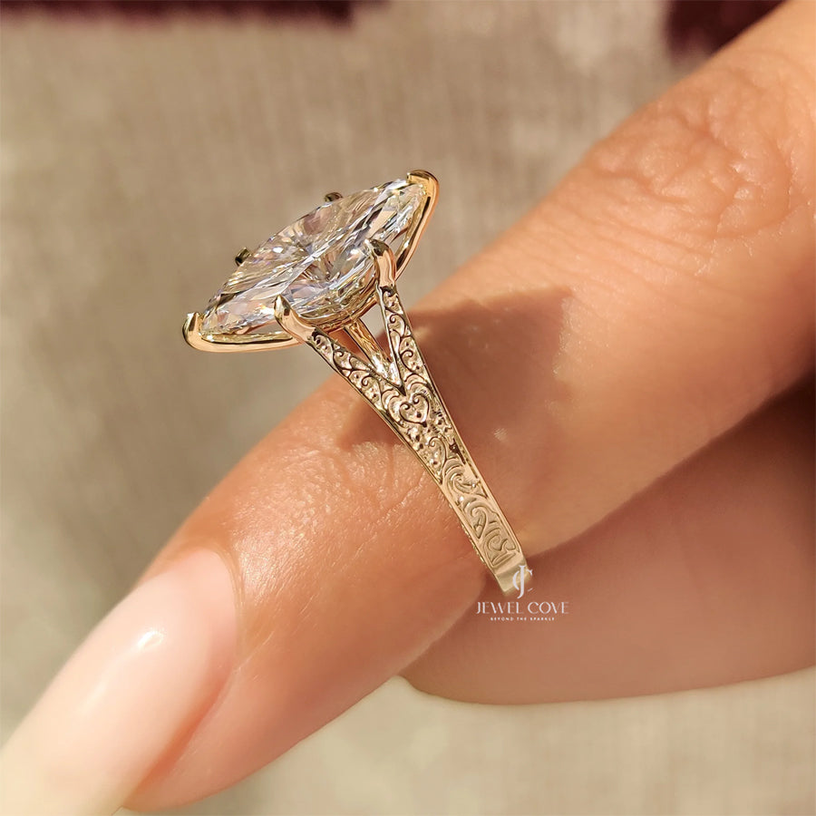 Marquise Cut Vintage Diamond Ring with Filigree Details | Lab Grown Diamonds | IGI Certified