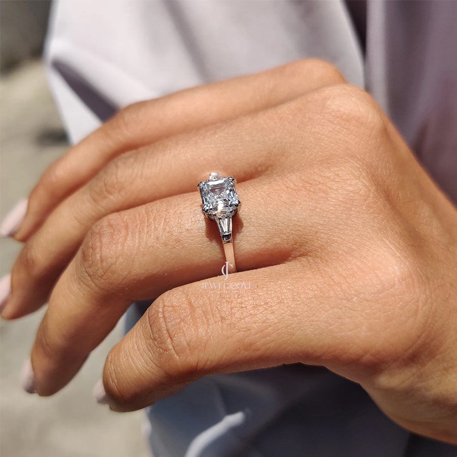 3 Stone Engagement Ring With Asscher and Baguette | Moissanite Diamonds | GRA Certified