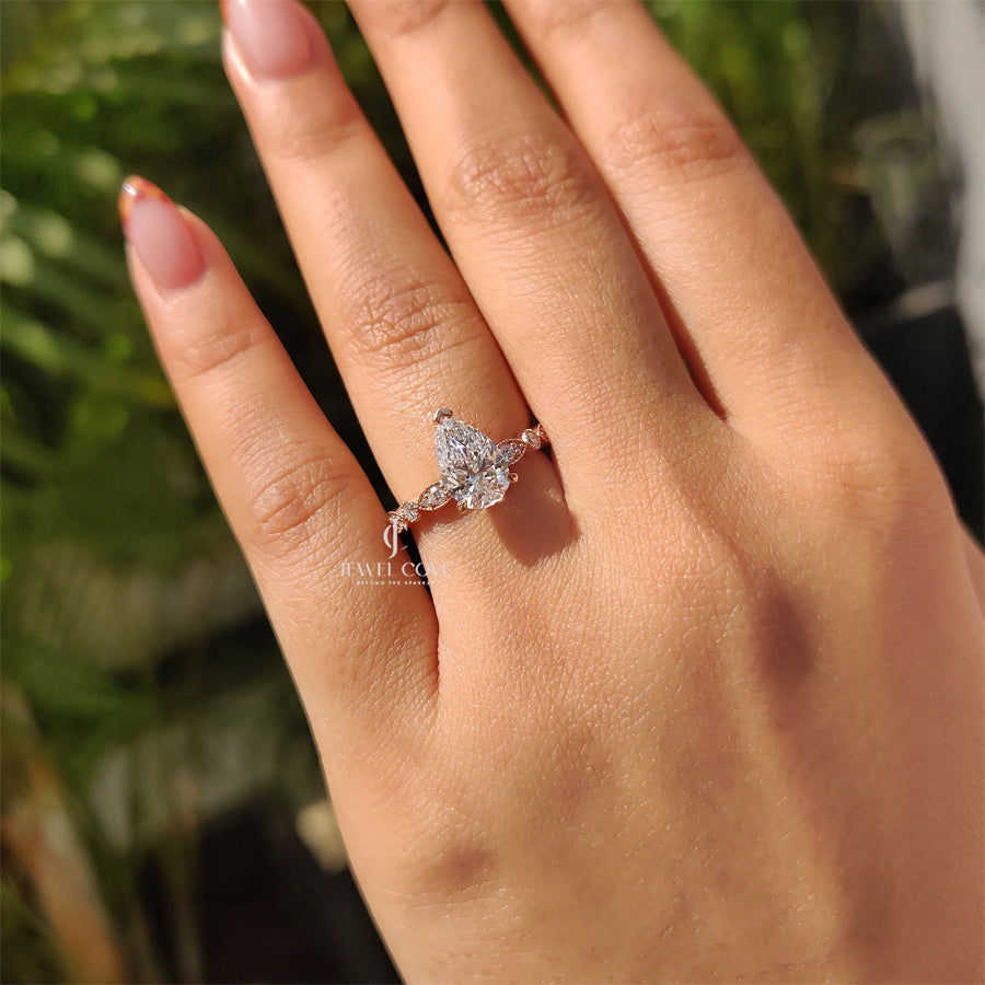 Pear Moissanite Diamond Vintage Ring With Round Side Stone | IGI Certified