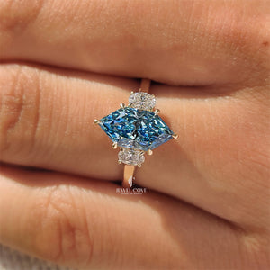 Blue Dutch Marquise Trilogy Engagement Ring with Oval Side Stones | Lab Grown Diamonds | IGI Certified