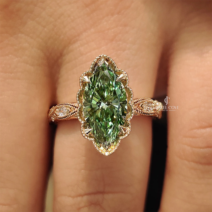 14K Vintage Green Marquise with Round Hidden Halo Flower Crown | Lab Grown Diamonds | IGI Certified