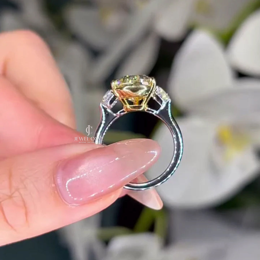 Pear Fancy Yellow 5.00tcw Lab Diamond Two Tone Three Stone Ring | Cathedral Setting | VVS–VS