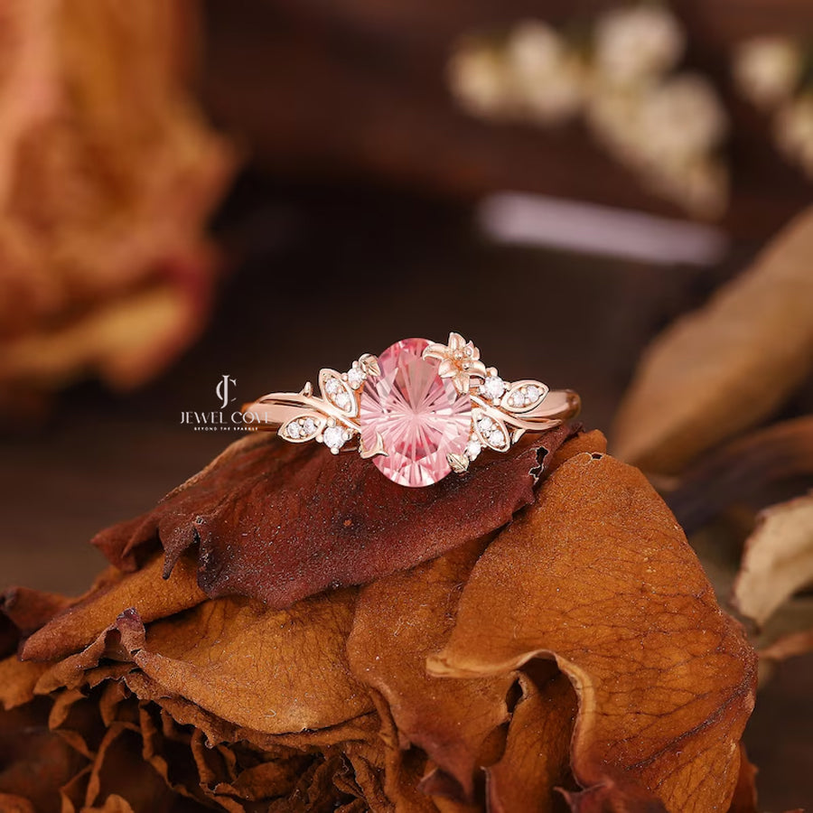 Nature Inspired Pink Sapphire Engagement Ring | Moissanite Diamonds | GRA Certified