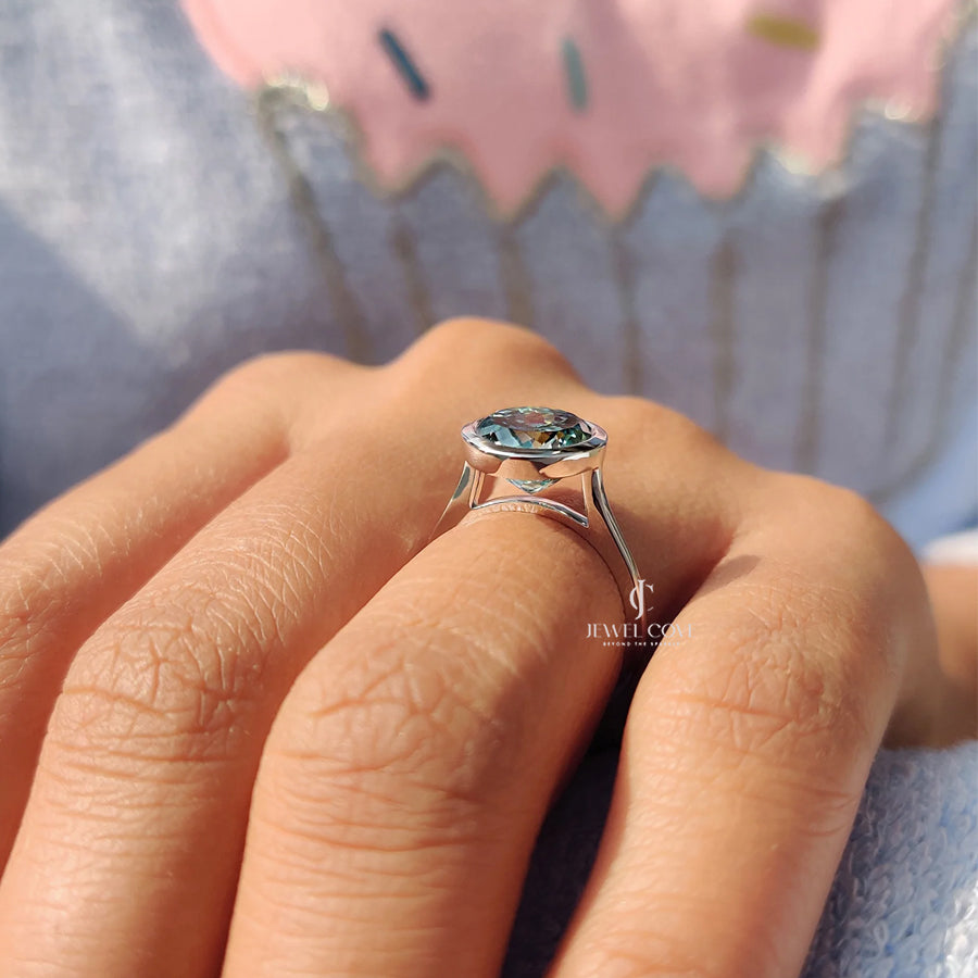 Portuguese Cut Engagement Ring In Bezel Setting | Moissanite Diamond | Cyan Blue solitaire ring | IGI Certified