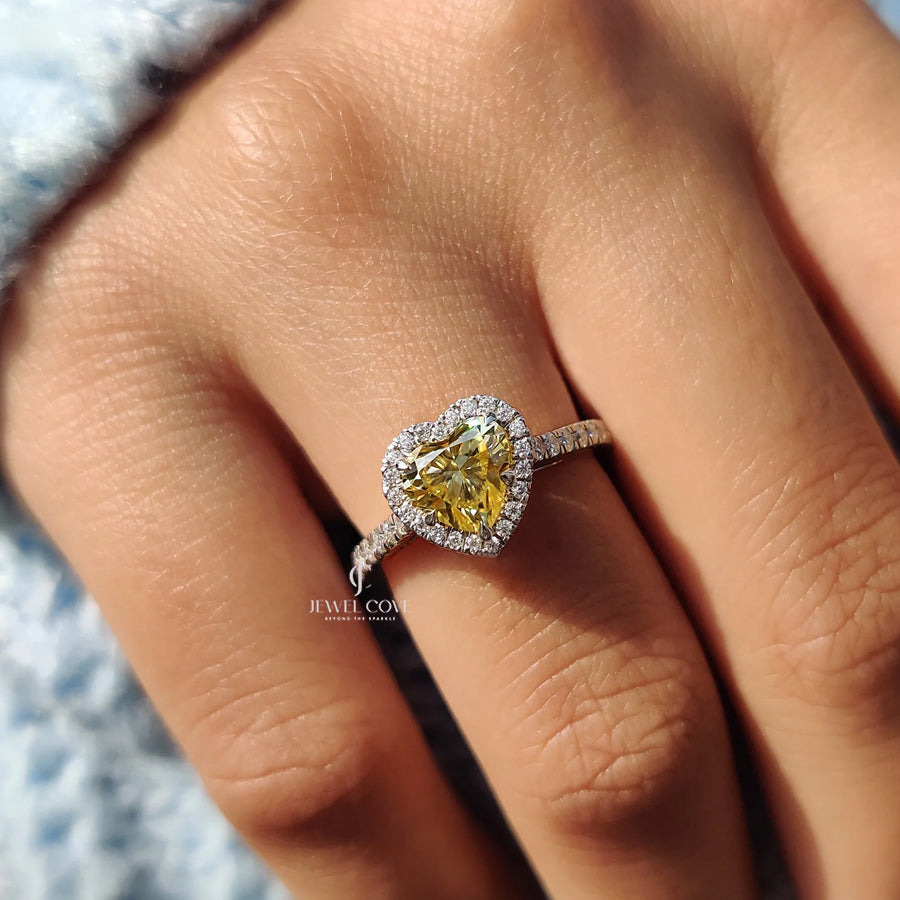 14K Halo Set Canary Yellow Heart Cut lab Grown Engagement Ring | Bezel Setting | IGI Certified