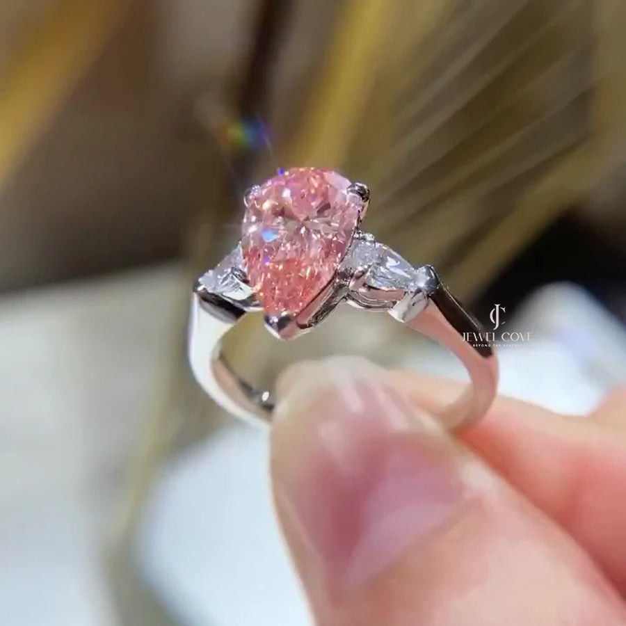 Pear Shape 2.60tcw Fancy Pink Lab Grown Diamond Engagement Ring | Three Stone Ring | 2.50ct Center | IGI Certificate