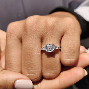 3 Stone Engagement Ring With Asscher and Baguette | Moissanite Diamonds | GRA Certified