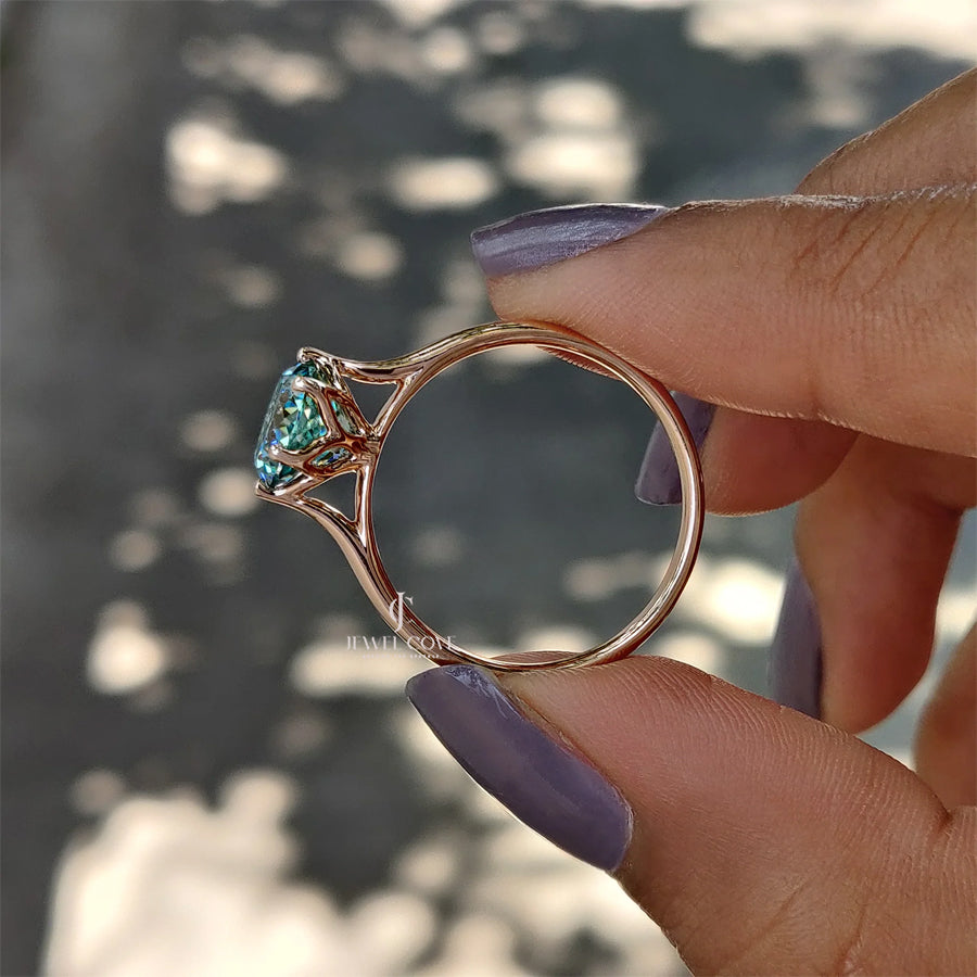 Cyan Blue Portuguese Cut Solitaire Engagement Ring | Moissanite Diamond | 6 prong Cathedral Ring