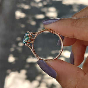 Cyan Blue Portuguese Cut Solitaire Engagement Ring | Lab Grown Diamond | 6 prong Cathedral Ring
