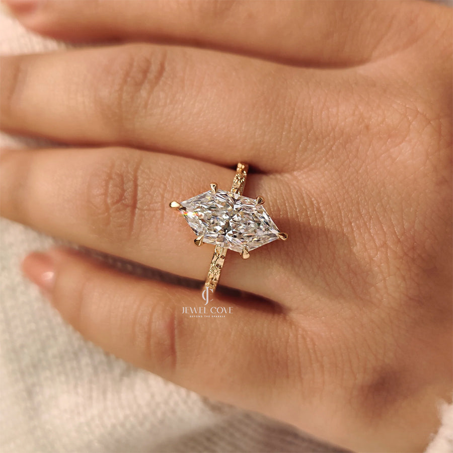 Inspired Dutch Marquise Engagement Ring in Sunflower Design Moissanite Diamond| IGI Certified