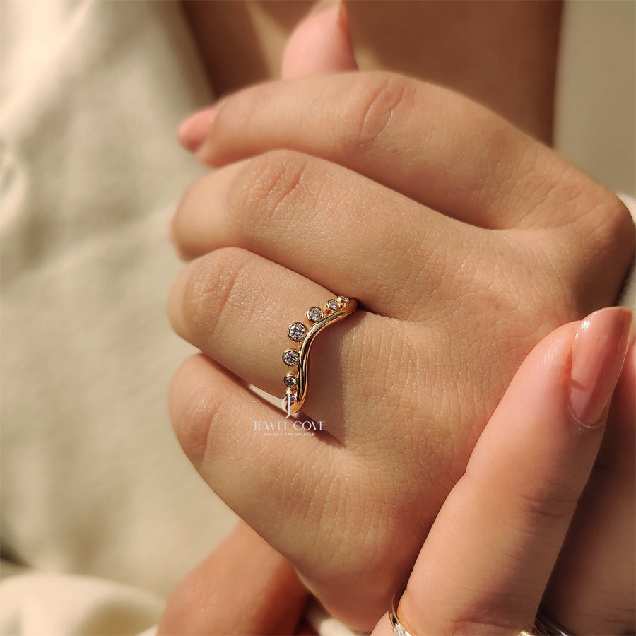 Bezel Set Curved Gold Wedding Band | Moissanite Diamonds | IGI Certified | E-F Color