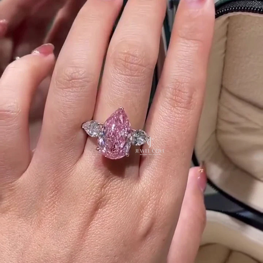 Fancy Pink 7.00tcw Lab Grown Three-Stone Engagement Ring | Pear Shape | IGI Certified