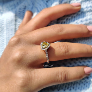 14K Halo Set Canary Yellow Heart Cut lab Grown Engagement Ring | Bezel Setting | IGI Certified