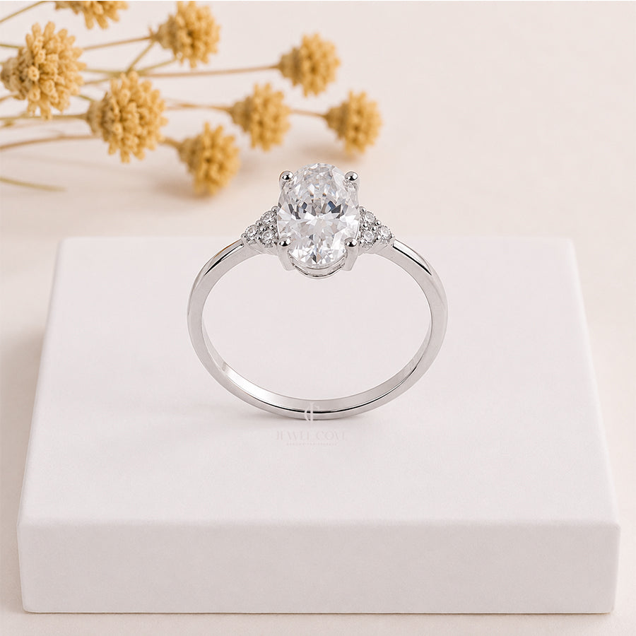 Oval Cut with Side Round Diamond Daily Wear Ring | Lab Grown Diamonds | IGI Certified
