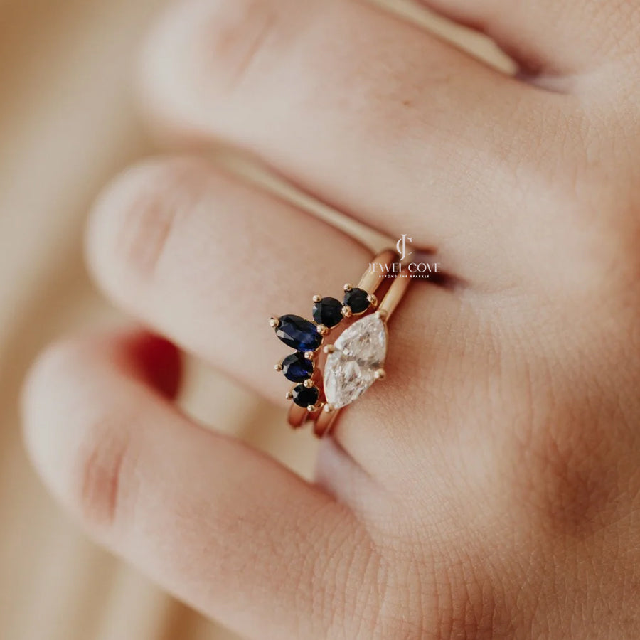 Blue Sapphire Delicate Band With Oval and Round Diamond | IGI Certified | Lab Grown
