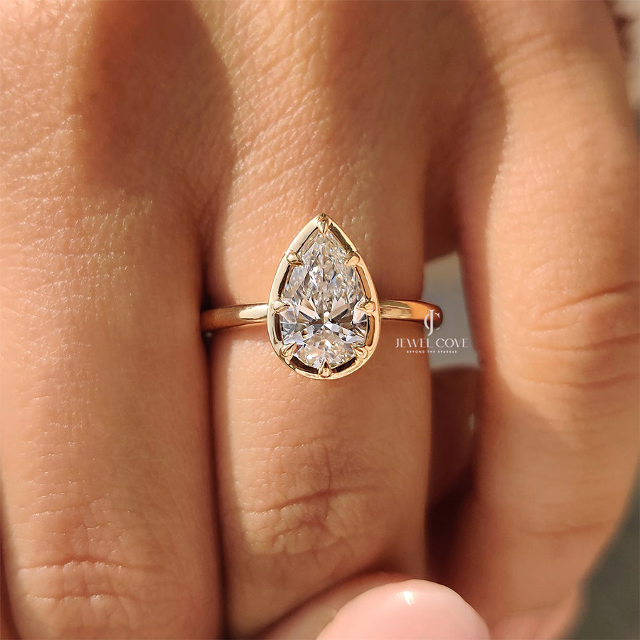 Pear Cut Diamond Ring in Bezel Type Prong Setting | Lab Grown Diamonds | IGI Certified | E-F Color