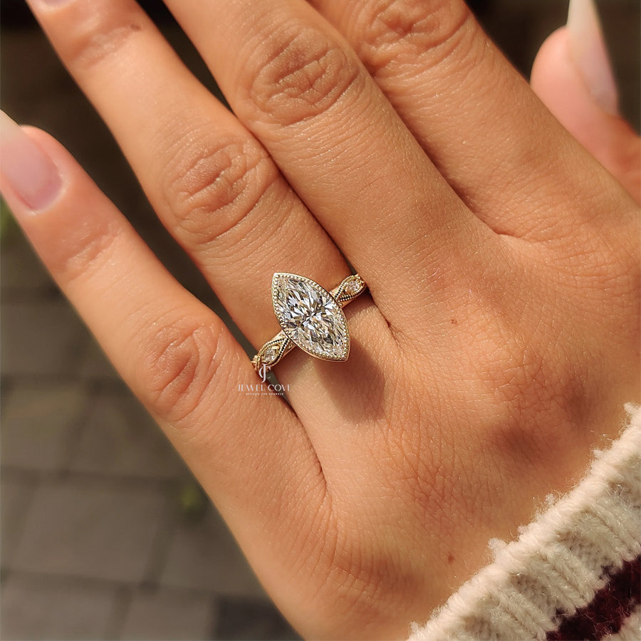 18K Vintage Marquise Diamond Bezel Set Engagement Ring with Pave Style | IGI Certified