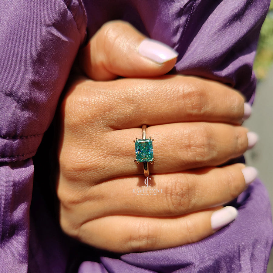 East- West Radiant Blue Lab Grown Engagement Ring Solitaire Style | IGI Certified | 14K White Gold