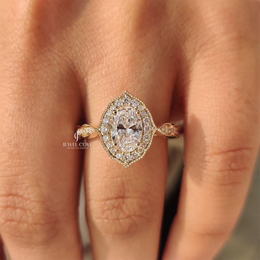 Vintage Oval Cut Diamond Ring in Milgrain Setting | Lab Grown Diamonds | IGI Certified