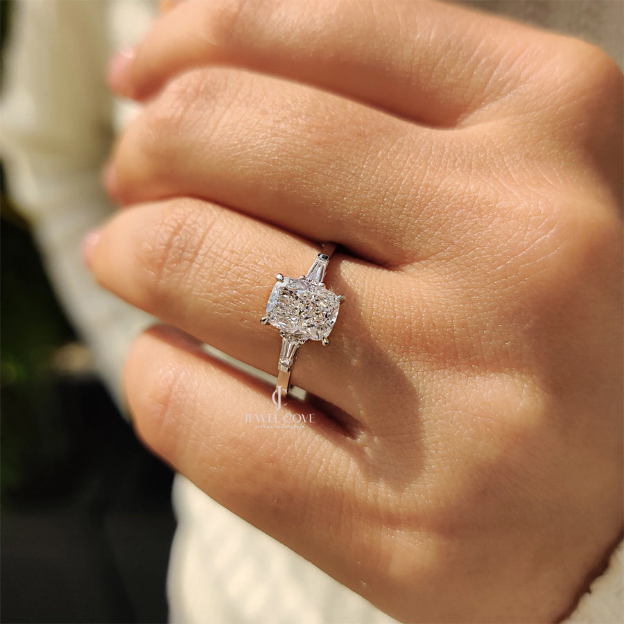 3 Stone Lab Grown Engagement Ring With Cushion And Tapered Baguette | IGI Certified