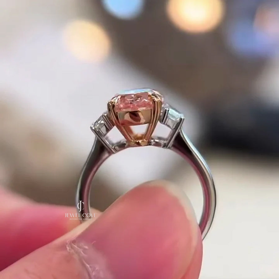 Oval Fancy Pink 3.00tcw Moissanite Diamond Two Tone Three Stone Engagement Ring, VS Clarity