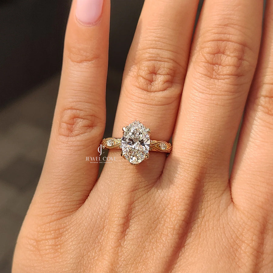 Vintage Art Deco Oval Cut Diamond Ring | Lab Grown Diamonds | IGI Certified