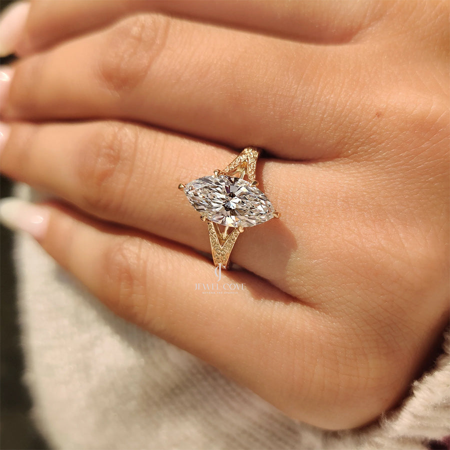 Marquise Cut Vintage Diamond Ring with Filigree Details | Lab Grown Diamonds | IGI Certified