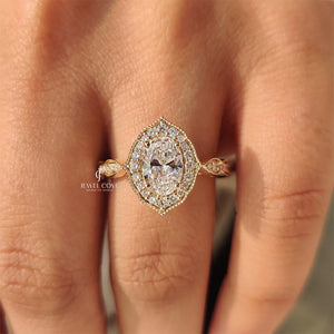 Vintage Oval Cut Diamond Ring in Milgrain Setting | Lab Grown Diamonds | IGI Certified