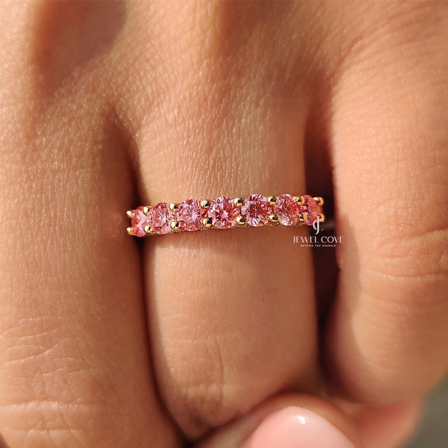 Pink Round lab Grown Diamond Wedding Band in Half Eternity Style | IGI Certificate