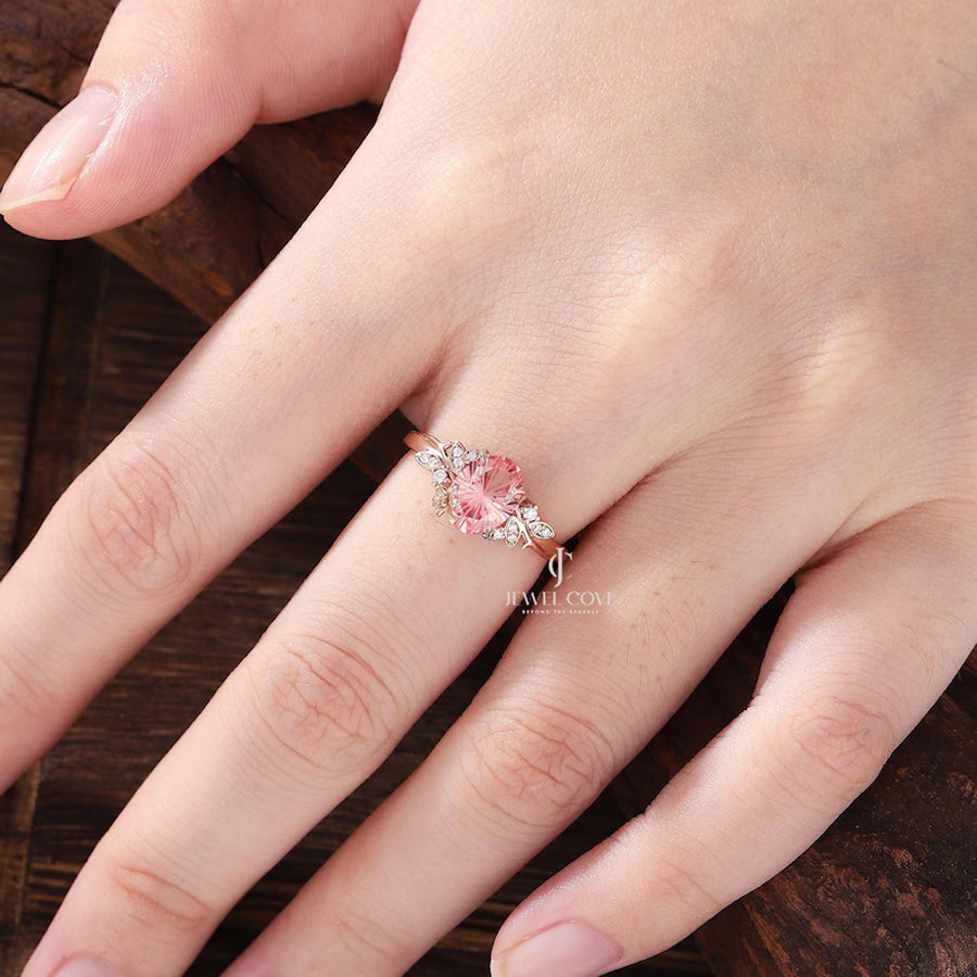 Nature Inspired Pink Sapphire Engagement Ring | Moissanite Diamonds | GRA Certified