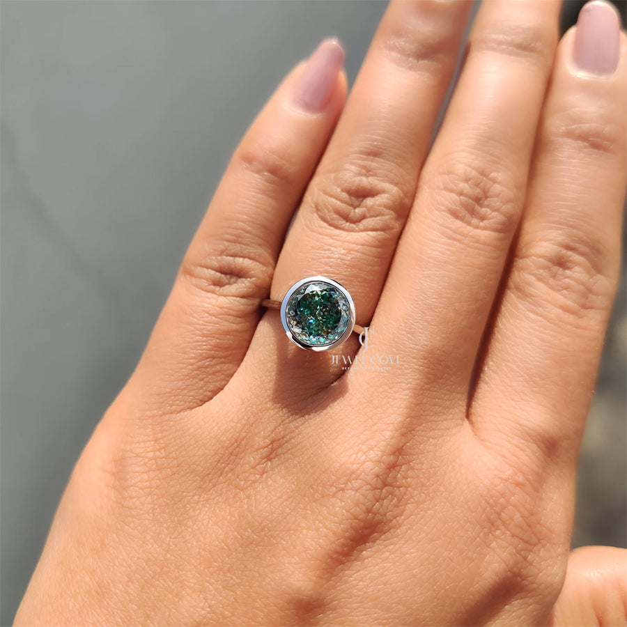 Portuguese Cut Engagement Ring In Bezel Setting | Moissanite Diamond | Cyan Blue solitaire ring | IGI Certified