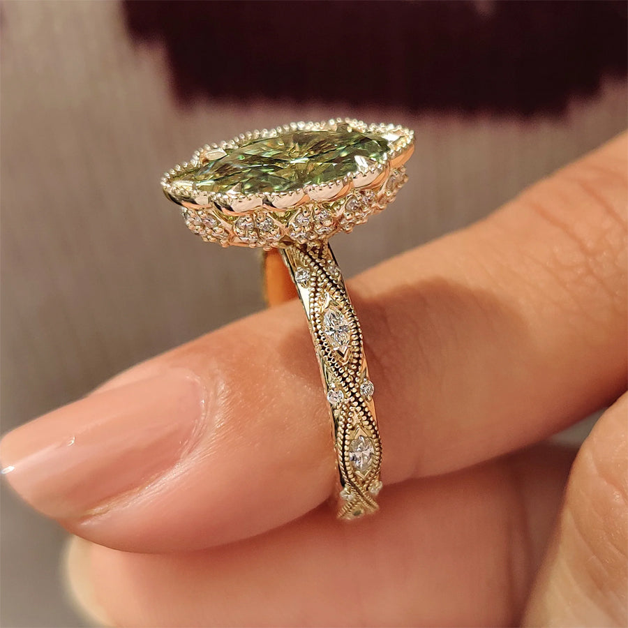 14K Vintage Green Marquise with Round Hidden Halo Flower Crown | Lab Grown Diamonds | IGI Certified