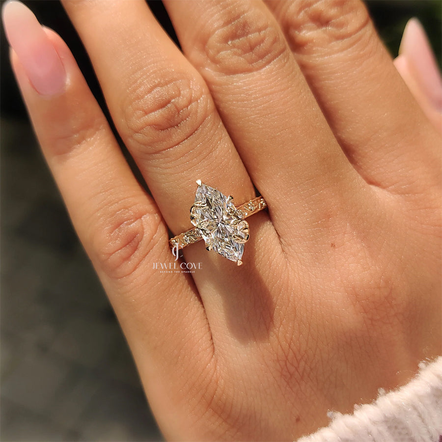 Nature Inspired Marquise Engagement Ring with Leaf and Floral Design | Lab Grown Diamonds | IGI Certified