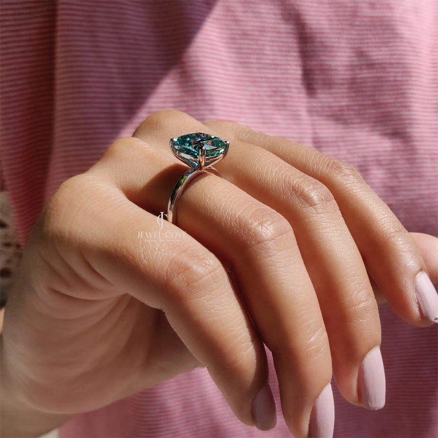 Cyan Blue Cushion Cut Lab Grown Solitaire Ring | IGI Certified | 14K White Gold | Solitaire Ring For Women