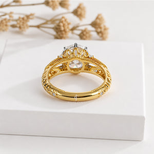 2.5CT Round Vintage Style Diamond Yellow Gold Ring | Moissanite Diamonds | GRA Certified | VVS-VS Clarity