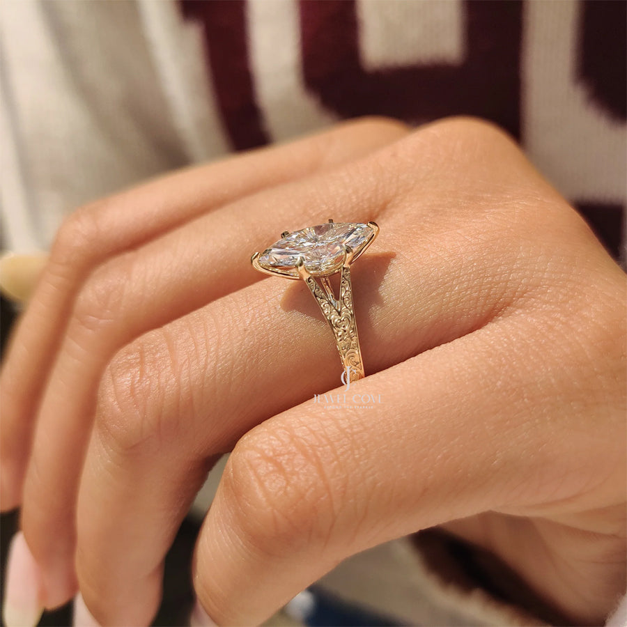 Marquise Cut Vintage Diamond Ring with Filigree Details | Lab Grown Diamonds | IGI Certified