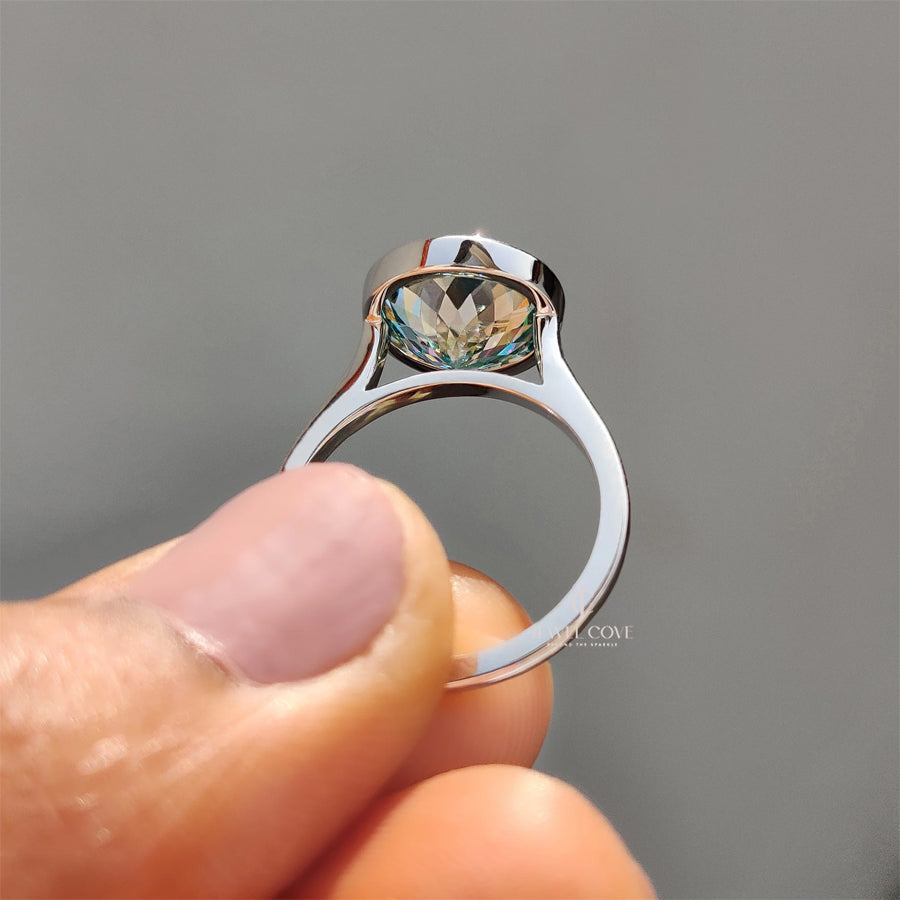 Portuguese Cut Engagement Ring In Bezel Setting | Moissanite Diamond | Cyan Blue solitaire ring | IGI Certified