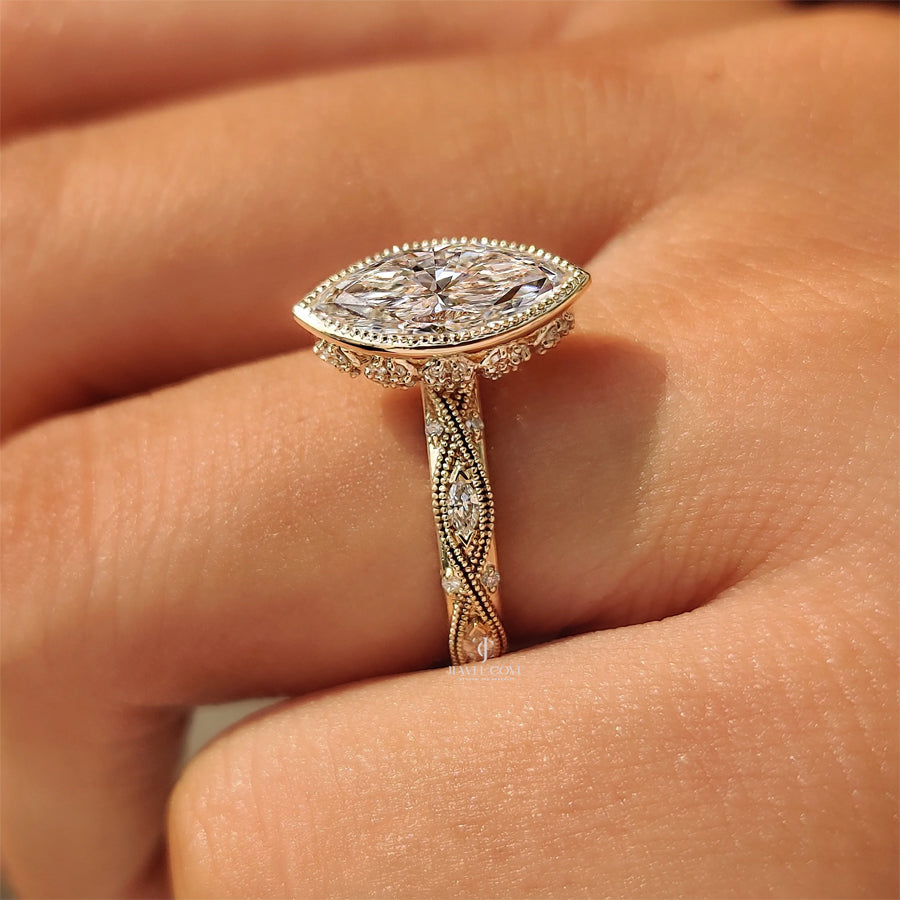 18K Vintage Marquise Diamond Bezel Set Engagement Ring with Pave Style | IGI Certified