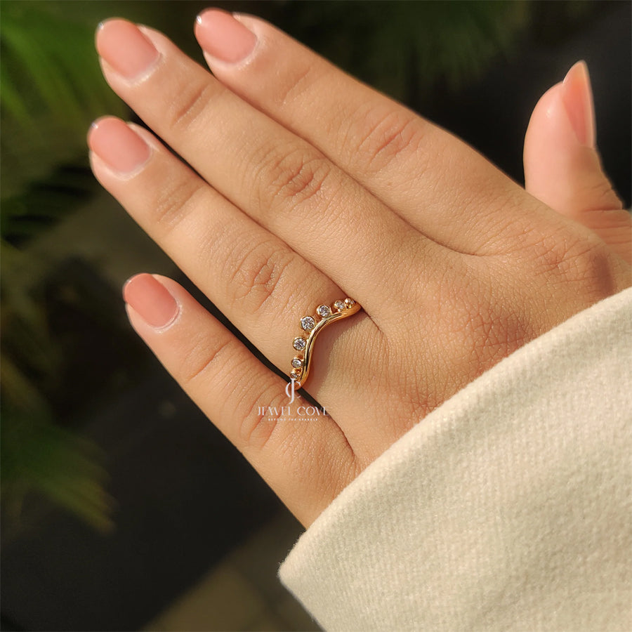 Bezel Set Curved Gold Wedding Band | Moissanite Diamonds | IGI Certified | E-F Color