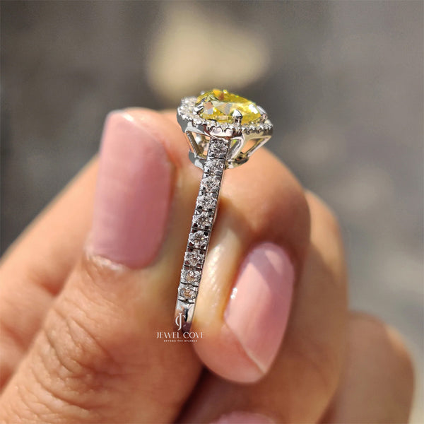 14K Halo Set Canary Yellow Heart Cut lab Grown Engagement Ring | Bezel Setting | IGI Certified - hover