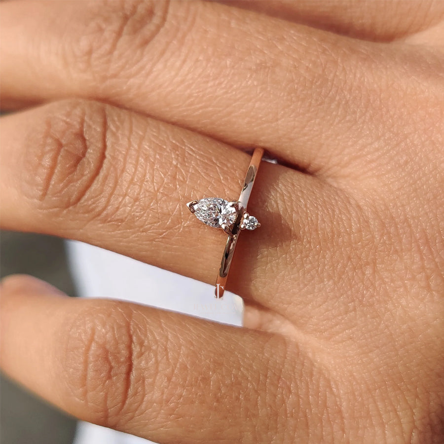 2 Stone Moissanite Delicate Ring With Pear and Round Diamond | IGI Certified