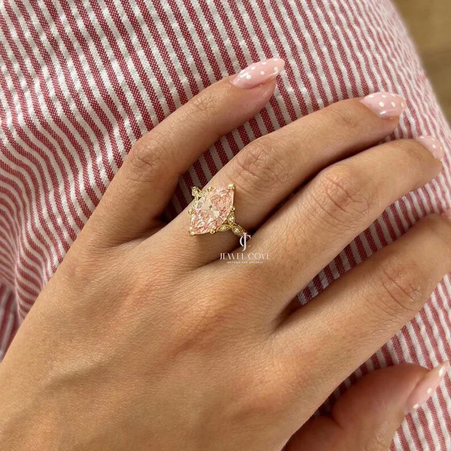 Fancy Pink Marquise 3.10tcw Moissanite Diamond Vintage Engagement Ring | IGI Certified