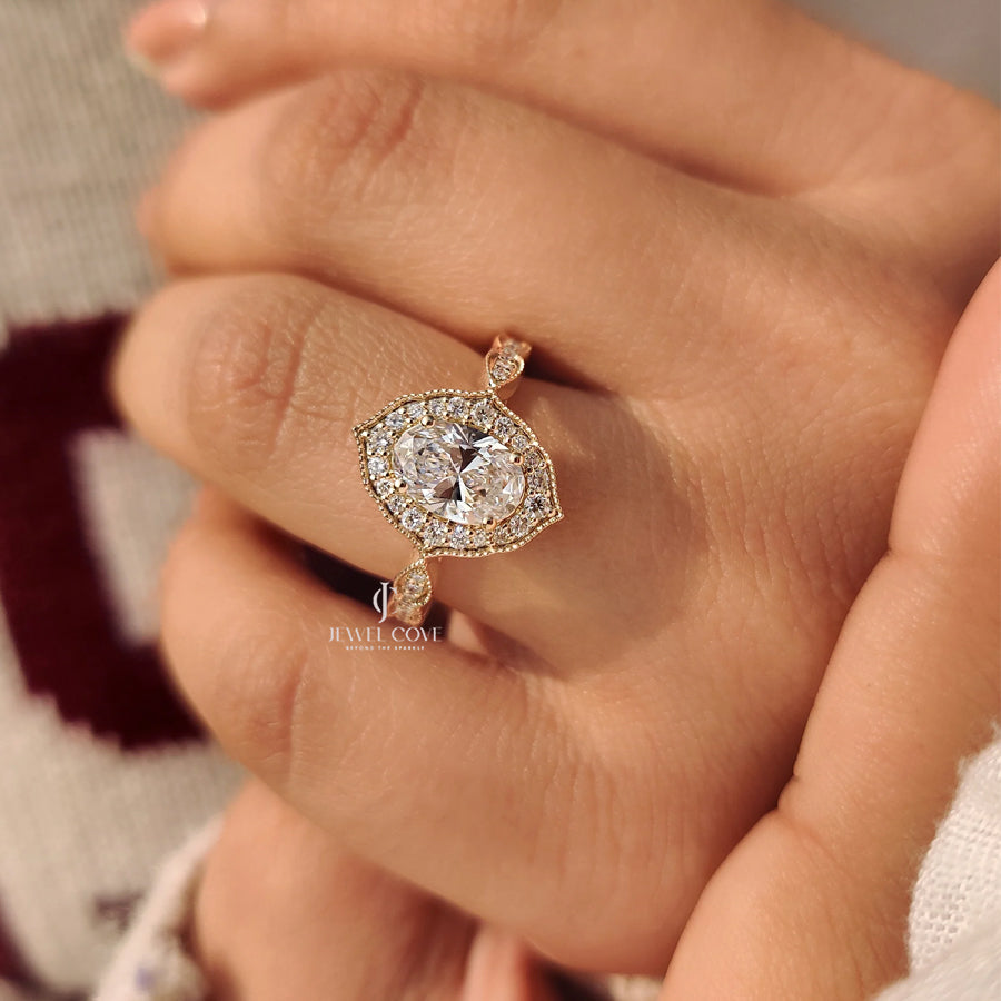 Vintage Oval Cut Diamond Ring in Milgrain Setting | Lab Grown Diamonds | IGI Certified