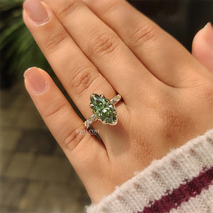 14K Vintage Green Marquise with Round Hidden Halo Flower Crown | Lab Grown Diamonds | IGI Certified