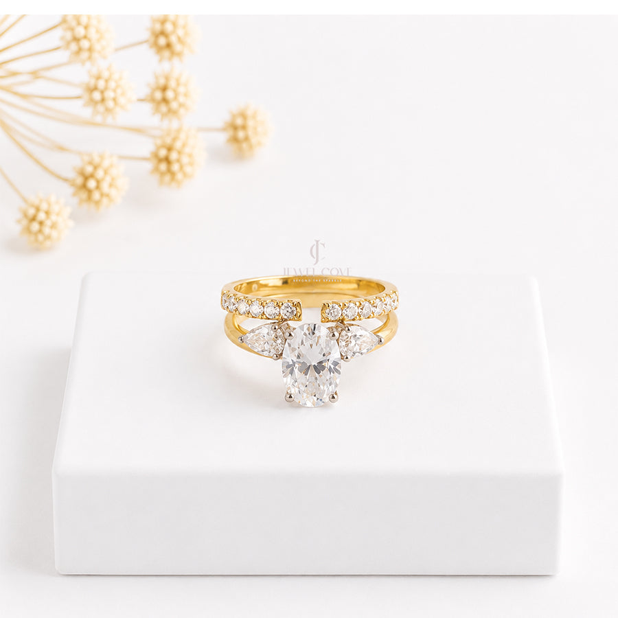 Oval Three Stone Ring Set Two Type of Wear the Band | Moissanite Diamonds | GRA Certified