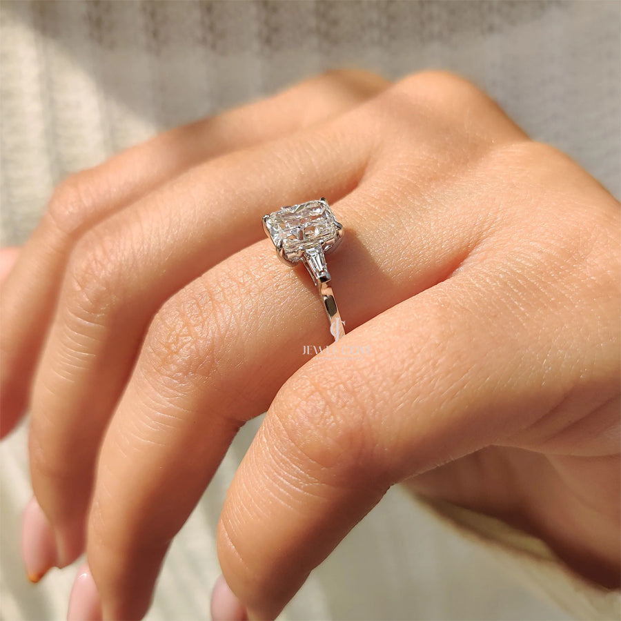 3 Stone Lab Grown Engagement Ring With Cushion And Tapered Baguette | IGI Certified