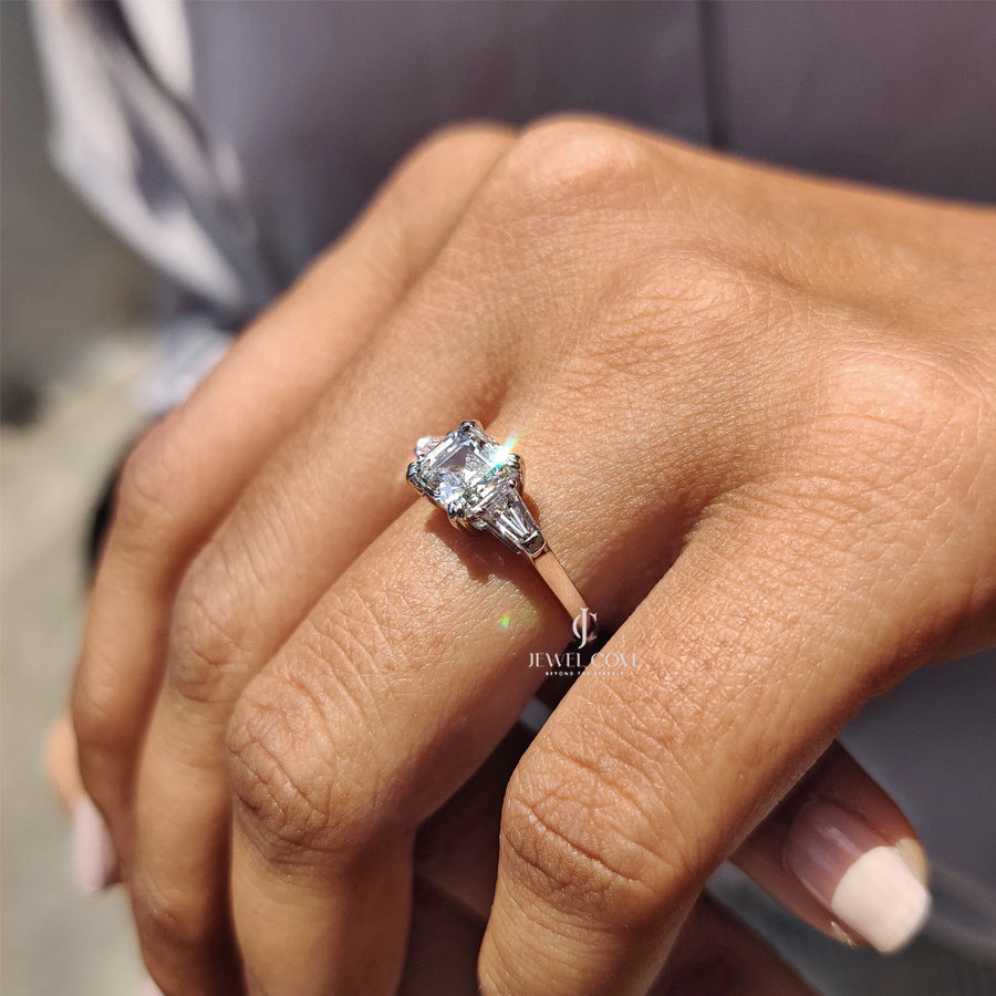 3 Stone Engagement Ring With Asscher and Baguette | Moissanite Diamonds | GRA Certified